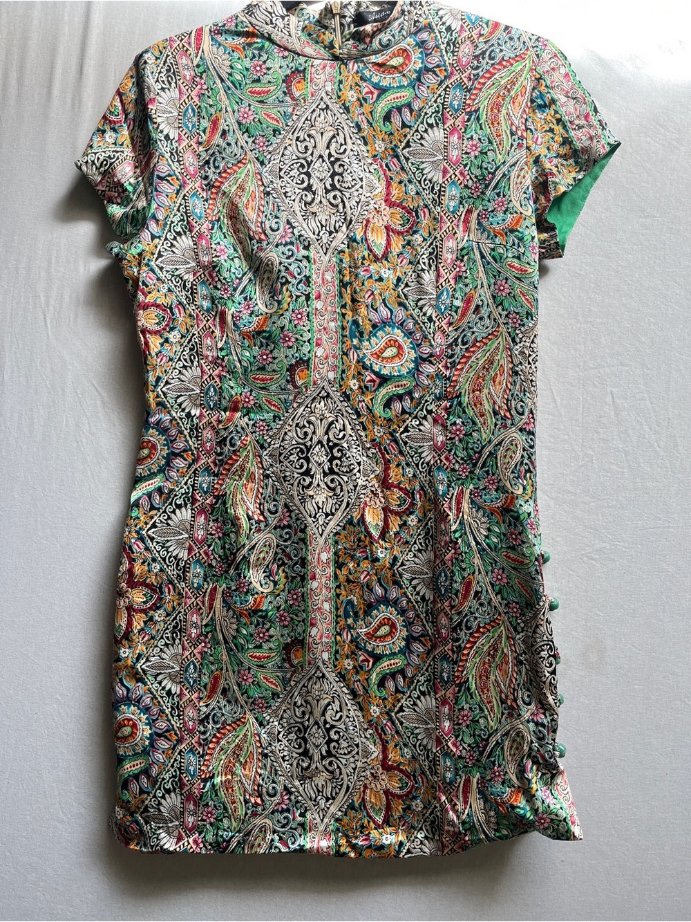 Asia.a 100% Silk Mandarin Collar Paisley Mini Dress Cheongsam Style S